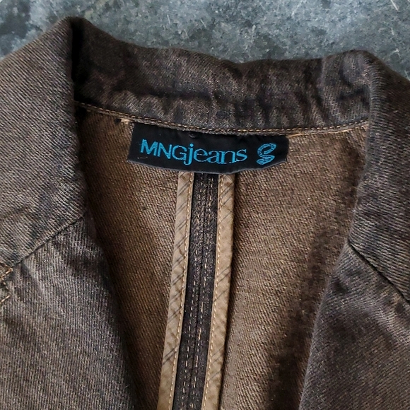 Mango Jeans Denim Blazer, Black Brown Tan Jean Jacket, XXS S EUC, Brass Snaps - Picture 6 of 10